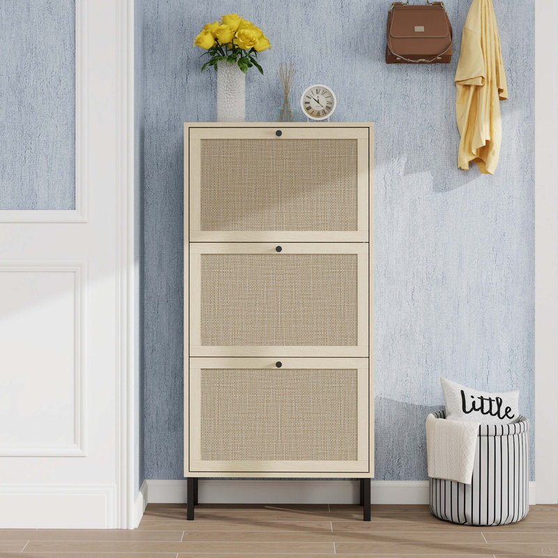 Rattan 3 Door Shoe Rack, Freestanding Modern Shoe Storage Cabinet, Natural
