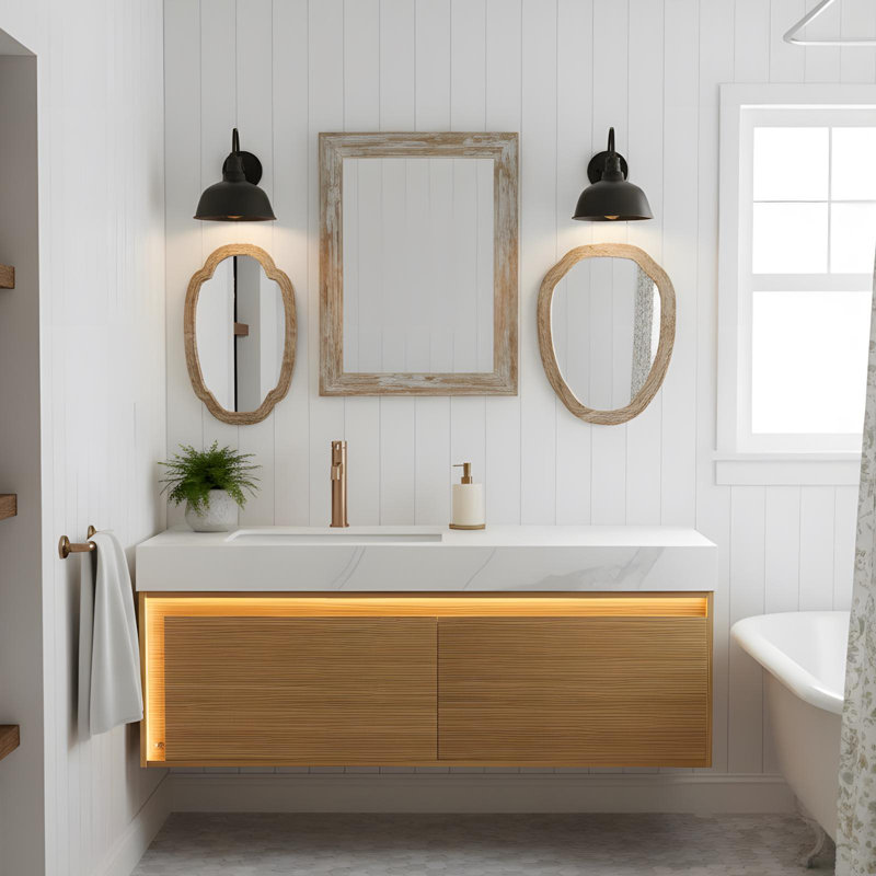 Meuble-lavabo 48 po avec lumières à tiroir à capteur de mouvement et comptoir en pierre frittée blanche