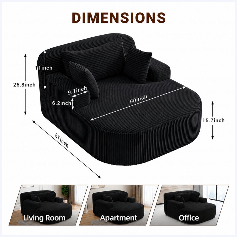 Chaise longue en velours côtelé sans assemblage, Velours côtelé noir