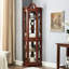 Walnut Curio Cabinet With Mirrored Back, Adjustable Tempered Shelves & Lighting System Corner Lights, Backing Panel