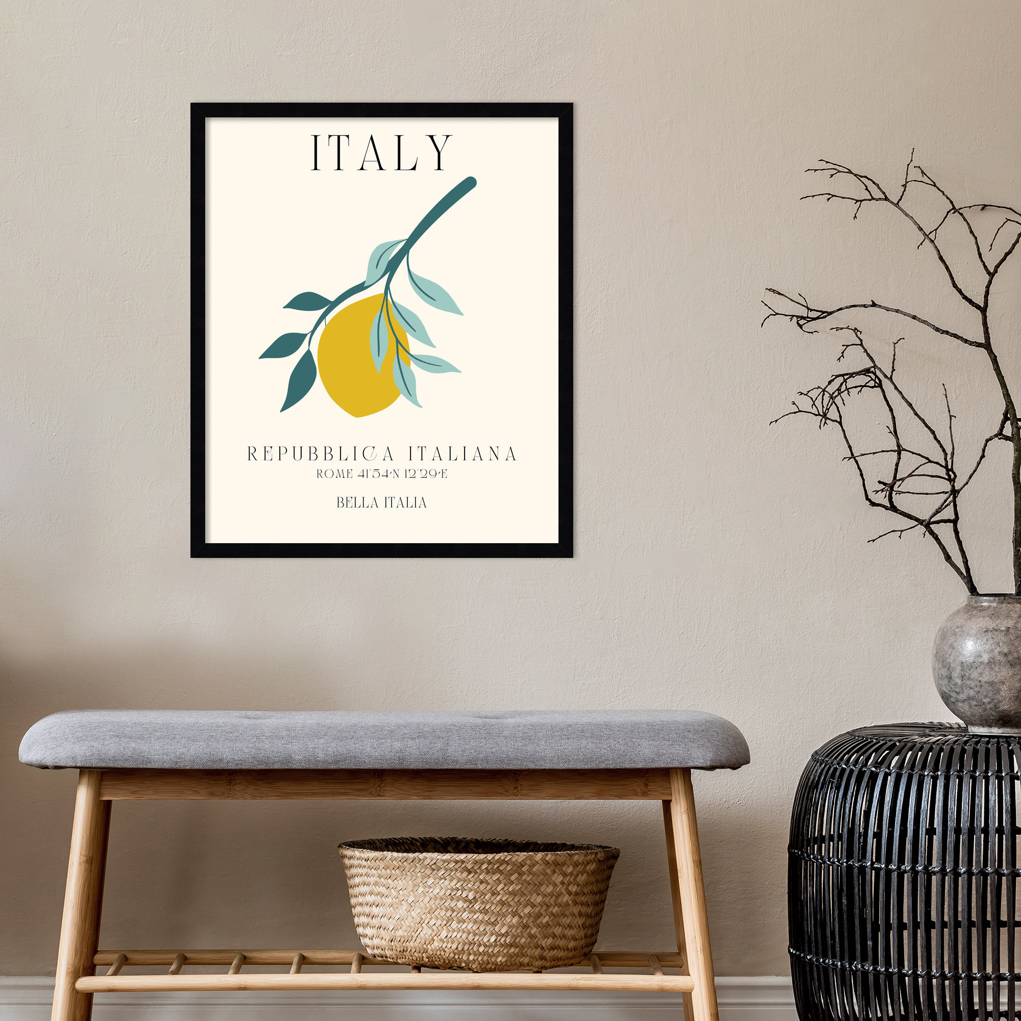 Italy Travel Poster Bella Italia by Chayan Lewis, Black Framed, 21" W x 25" H x 1" D
