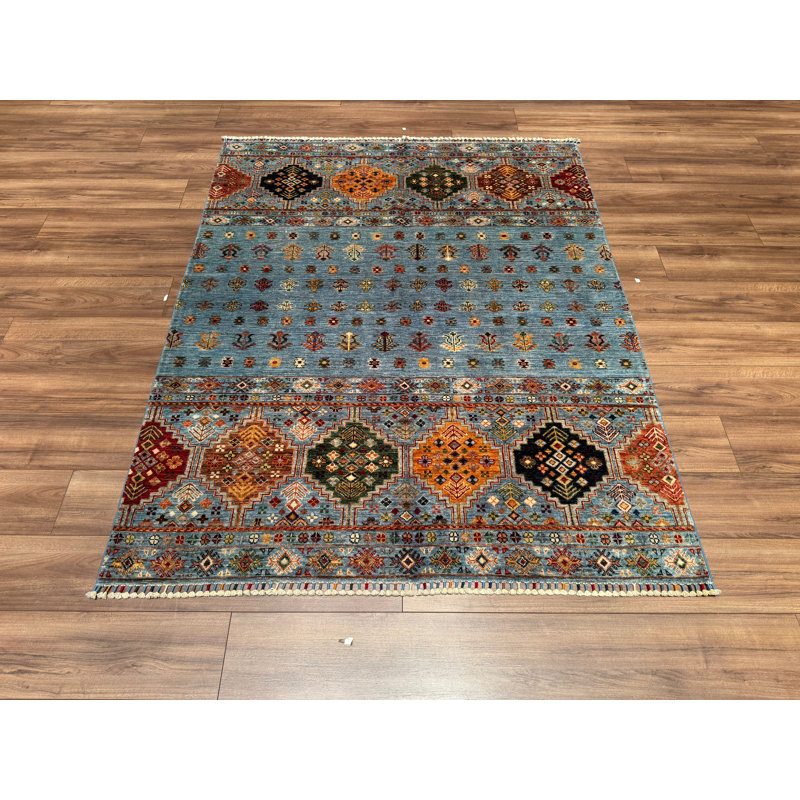 Tapis bleu original en laine et coton noué à la main