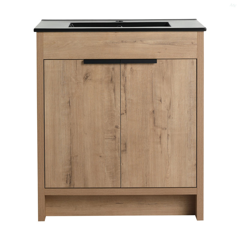Armoire de salle de bain autoportante 30 po avec lavabo et 2 portes à fermeture douce, Noir, 30"