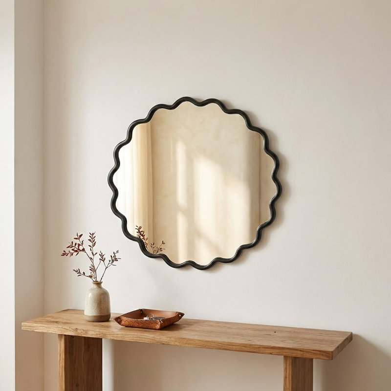 Miroir mural en bois massif Modern Modern, 31" x 31", Bois naturel, Rond