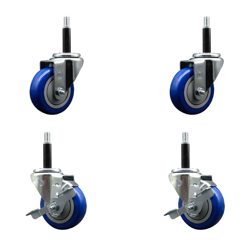 Ensemble de roulettes extensibles pivotantes en poly sur roulettes 2 freins SCC TLB 3,5 po x 3/4 po, Bleu