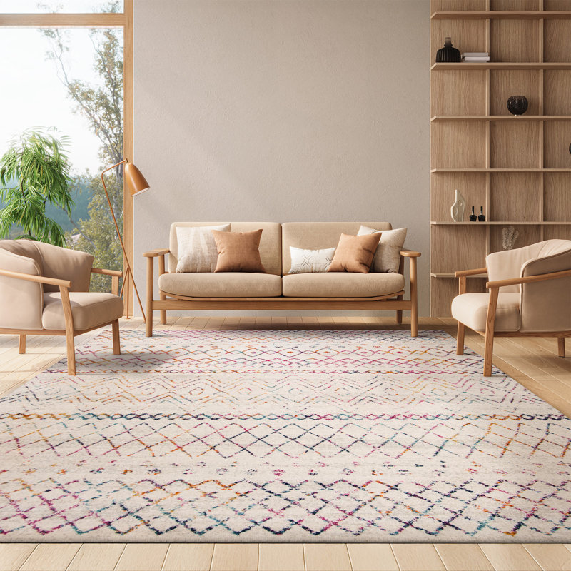 Tapis ivoire et fuchsia à motif géométrique tissé à la machine Christa, Rectangle 8 pi x 10 pi