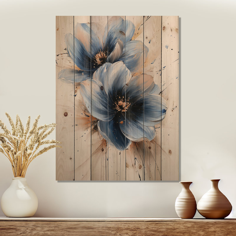 Velours blanc, bleu, chrysanthèmes, rivière à encre IV - Art mural en bois de chrysanthèmes - sur bois de pin naturel