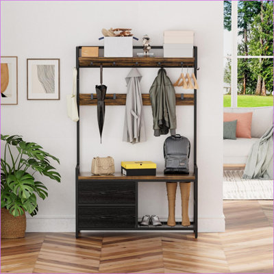 Banc de vestibule 5 en 1 avec 23 crochets, 2 tiroirs, rangement pour chaussures Hall Tree 33,1 "de large | Brun rustique | Bois aggloméré + métal