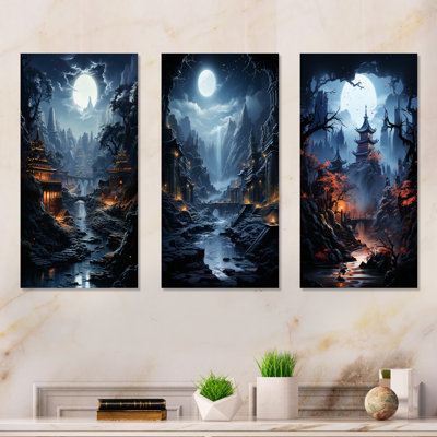 Moonlit Cliffside Mistery Landscape I - Moon Wall Decor Set Of 3