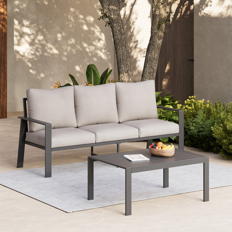 Aluminum Outdoor Patio Sofa With Rectangular Coffee Table, Beige