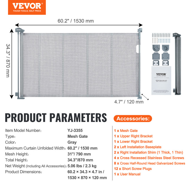 Gray Retractable Mesh Pet and Baby Gate for Stairs
