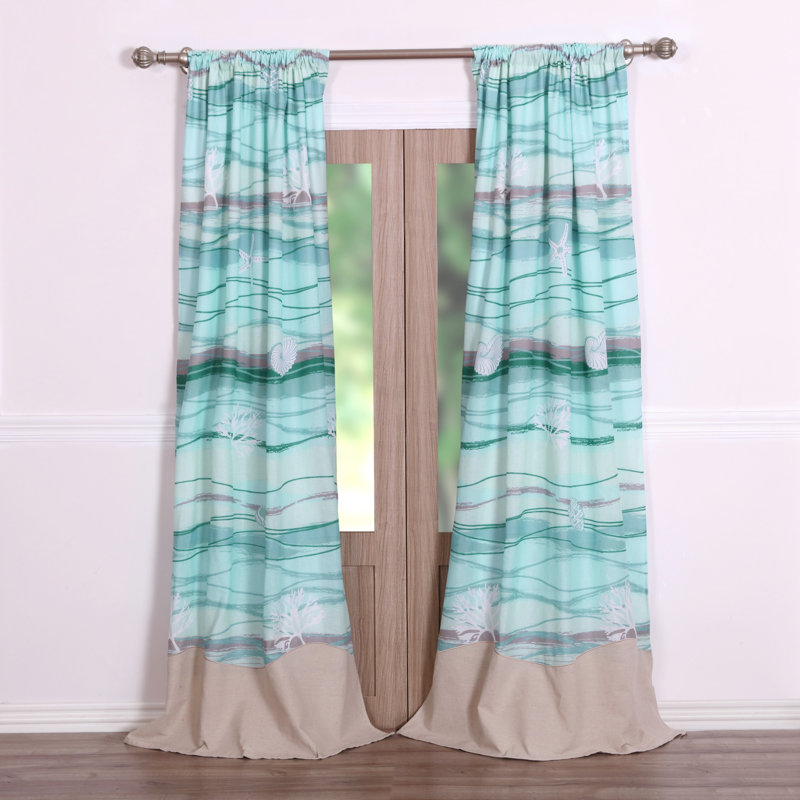 Maui Blue and Beige Cotton Linen Rod Pocket Window Panels