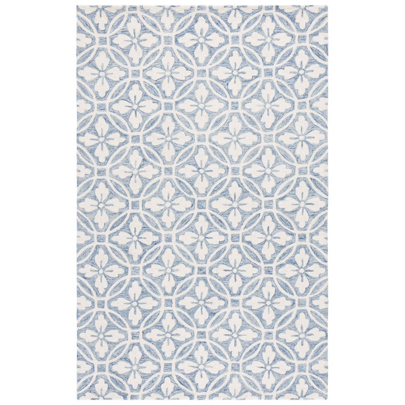 Metro 388 Hand Tufted Wool/Cotton Damask Rug in Ivory/Blue, Rectangle 4' x 6'