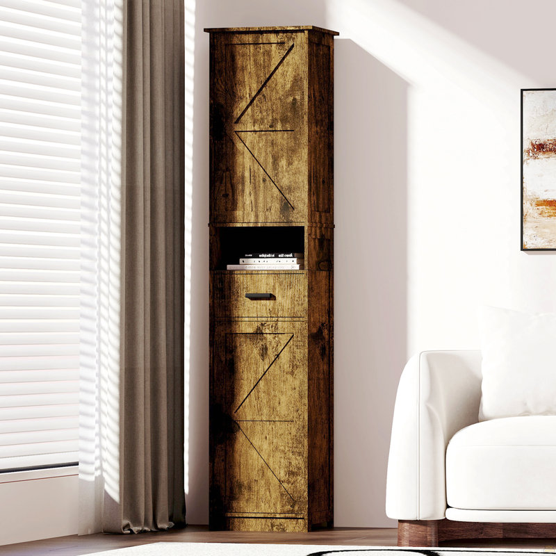 69" H Tall Bathroom Storage Cabinet With 2 Barn Doors And 1 Drawer, Narrow Storage Unit, Adjustable Shelves, Vintage