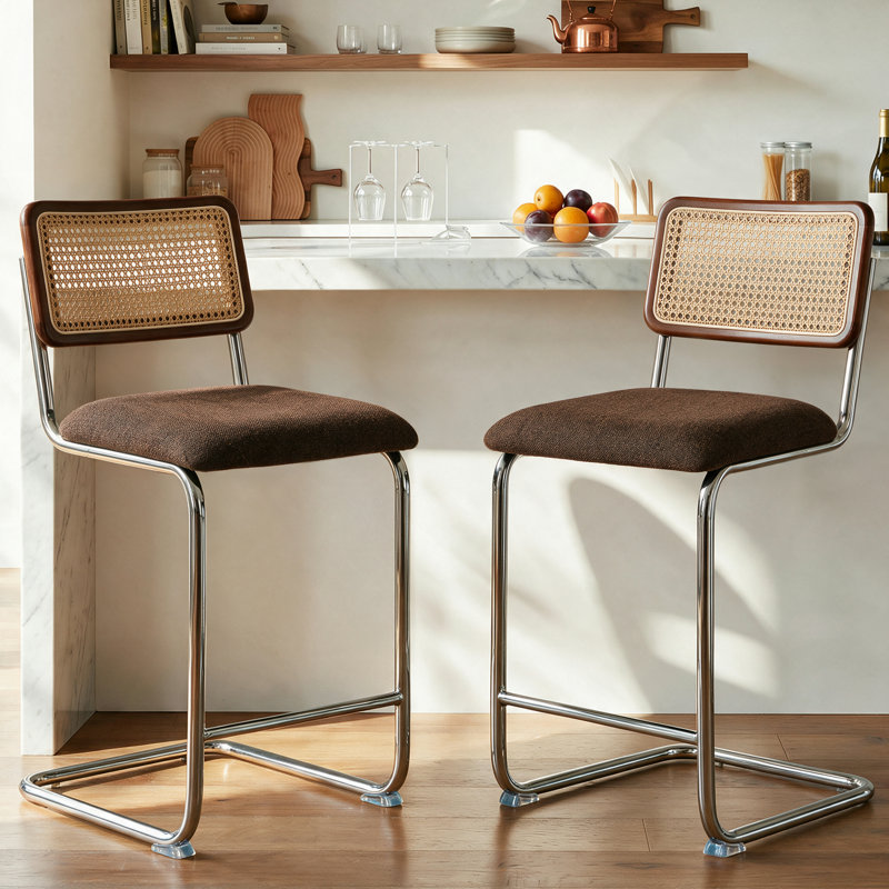 Natural Rattan Counter Height Stools Set of 2 with Solid Wood Back, 24.8'' Mid Century Modern Cesca Bar Stools, Brown Upholstery Boho Stool for Kitchen Counter with Chrome Metal Legs