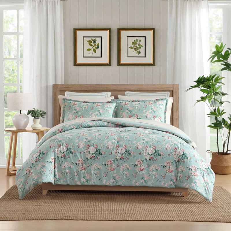 Laura Ashley Rosemoore Cotton Reversible Green Comforter Set, Twin Comforter + 1 Standard Sham