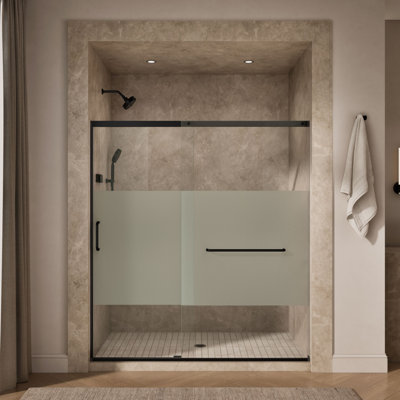 Sliding Shower Door, 75-1/2-In H X 68-1/4 - 71-5/8-In W, With Heavy 5/16-In Thick Crystal Clear Glass With Privacy Band