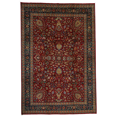 Tapis bourgogne / bleu marine / beige de haute qualité noué à la main