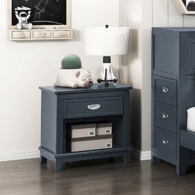Table de chevet bleu marine de style chambre à coucher classique, un tiroir, des glissières à roulement, un rangement avec tiroir et tablette, sans assemblage