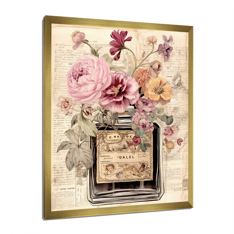 Bouteille de parfum rétro avec fleurs en fleurs I - Parfums, salon d'art mural, H 20 po x l 12 po x P 1 po