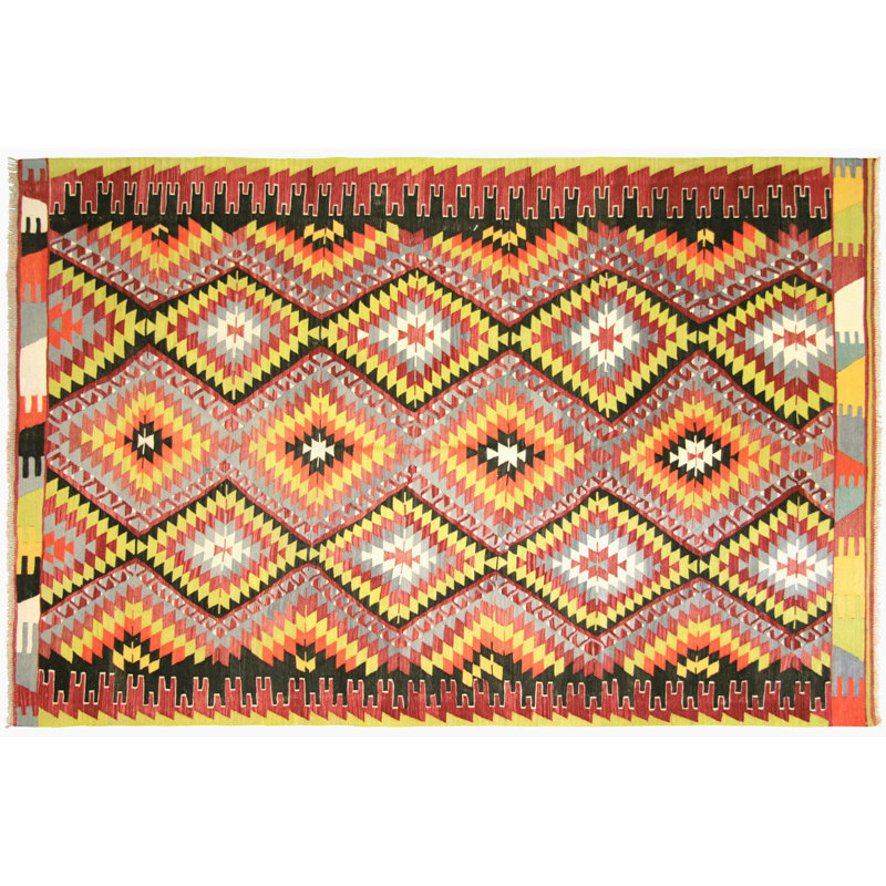 Tapis unique en laine noué à la main de style années 1960 de 6 pi 7 po x 10 pi 1 po jaune / noir / rouge