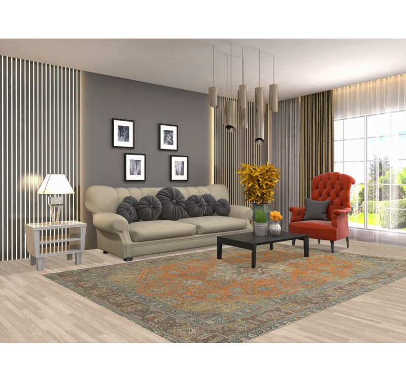 Tapis traditionnel orange en laine 7 x 10