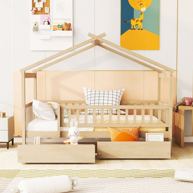 Lit simple en bois avec deux tiroirs, Natural