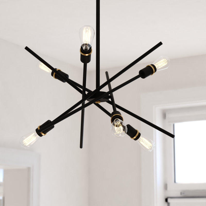 Luminaire suspendu de style Mid-Century moderne à 6 lumières de 24,25 po de largeur, noir et laiton satiné, compatible avec DEL, plafonnier suspendu à hauteur réglable pour table de salle à manger, cuisine, vestibule, chambre à coucher, îlot, vestibule
