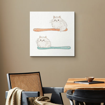 Cute White Cats Resting on Wooden Spoons Minimal Animal Scene – Pictures Framed Canvas Print Wall Art