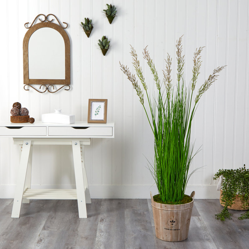 Faux Grass in Wood Planter, 64" H x 19" W x 19" D, Green