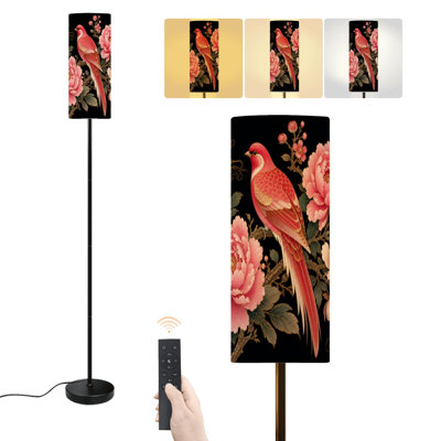 Lampe sur pied à motif floral rétro avec oiseaux roses, or, doré, fleurs noires, pivoines, faisans, lampe sur pied à intensité variable avec télécommande, pédale, abat-jour, abat-jour, lampe sur pied pour le bureau de la chambre à coucher