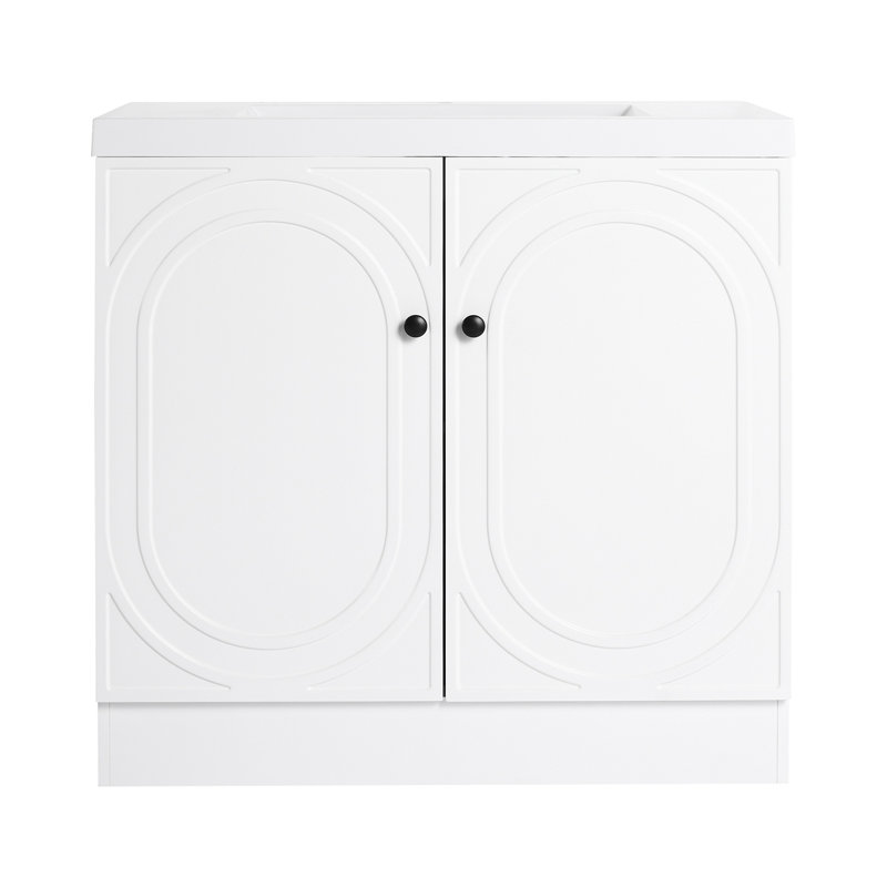Lavabo de salle de bain sur pied 36 po en résine et 2 portes d'armoire à fermeture en douceur, Blanc, 35"