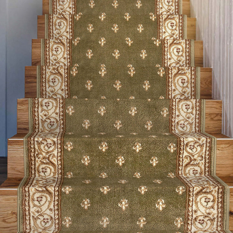 Almore Fleur De Lis Green Custom Size Hallway Stair Runner - Traditional Elegance Carpet, Runner 2'2" x 11'