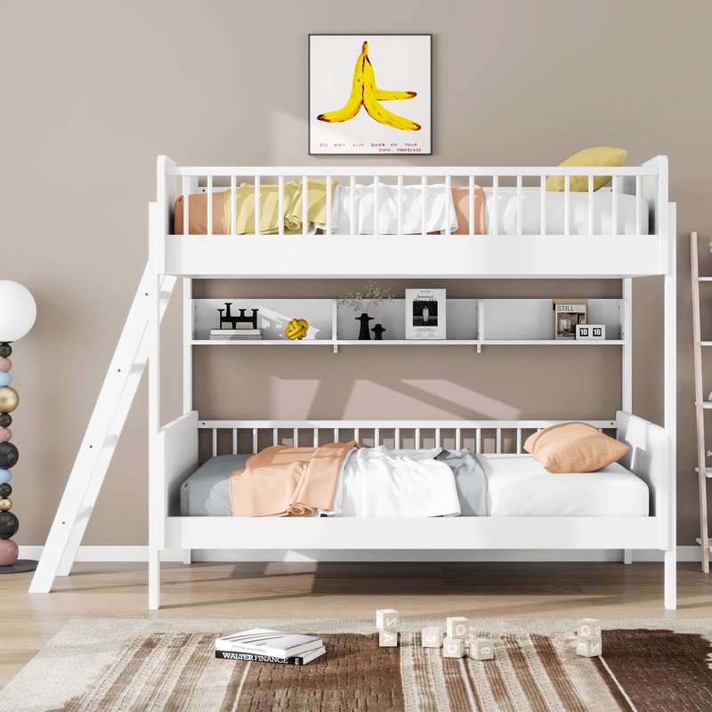 Lit superposé simple au-dessus de simple avec tablettes de rangement, lit superposé en bois massif avec rangement et échelle, garde-corps, aucun sommier nécessaire