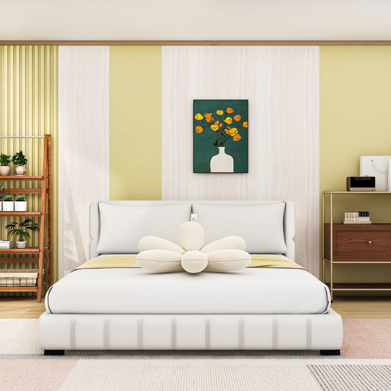 Lit plateforme tapissier avec 2 coussins et tête de lit, Blanc, Très grand lit