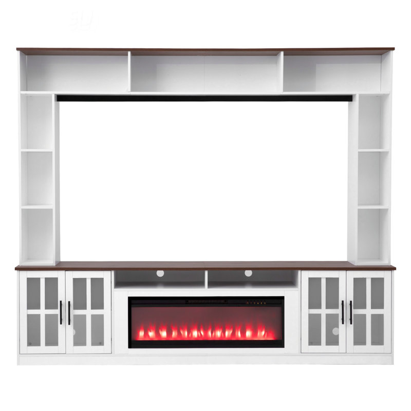 95.5" W Wall Unit Entertainment Center with Bookshelves for TVs up to 80", Modern TV Stand Media Console with Cabinets,  Tempered Glass Doors and Adjustable Shelves for Living Room