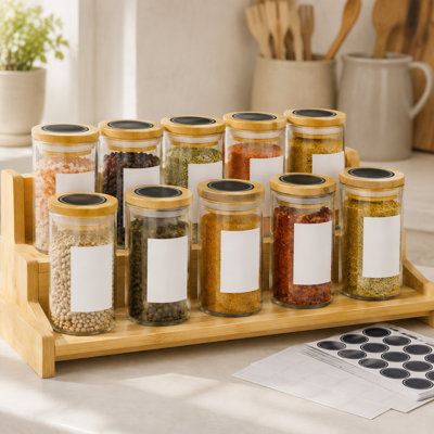 36 pots à épices en verre vides de 4 oz avec couvercles en bambou, autocollants et entonnoir à épices de style campagnard minimaliste, récipients d'assaisonnement pour étagère à épices, armoire et tiroir