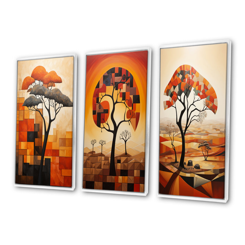 «Cubist African Tree Landscape I», ensemble de 3 impressions sur toile, Cadre flottant blanc, H 32 po x l 48 po