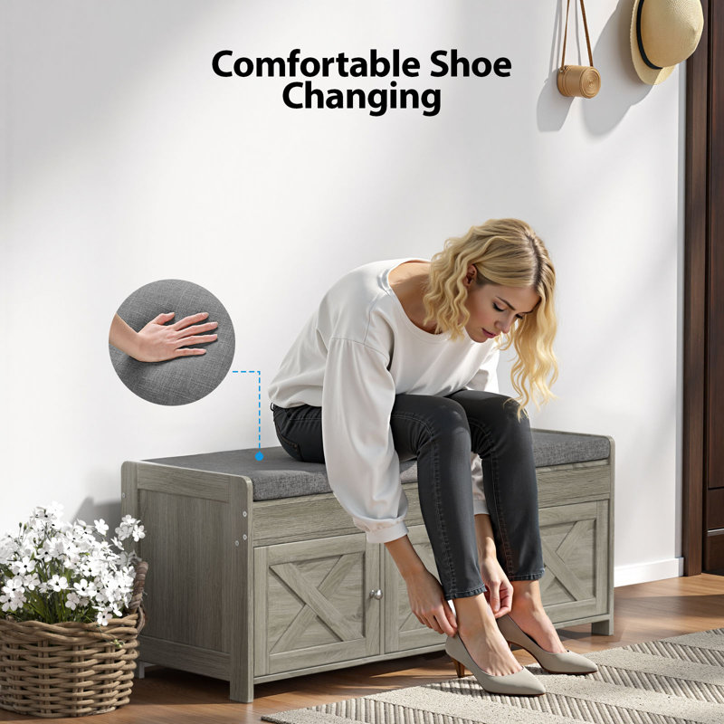 39.5" Shoe Storage Bench with Lift-Top Storage and Removable Cushion, Shoe Bench with Barn Doors and Adjustable Shelf for Entryway, Bedroom