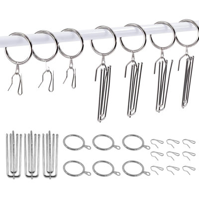 Lot de 40 anneaux de rideaux métalliques de 30 mm (1,35 pouce) avec crochets à pince à 4 branches en acier inoxydable et épingles à rideaux, couleur argent.
