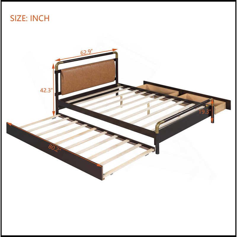 Wooden Storage Platform Bed, With 2 Big Drawers, T-XL Size Trundle, Walnut