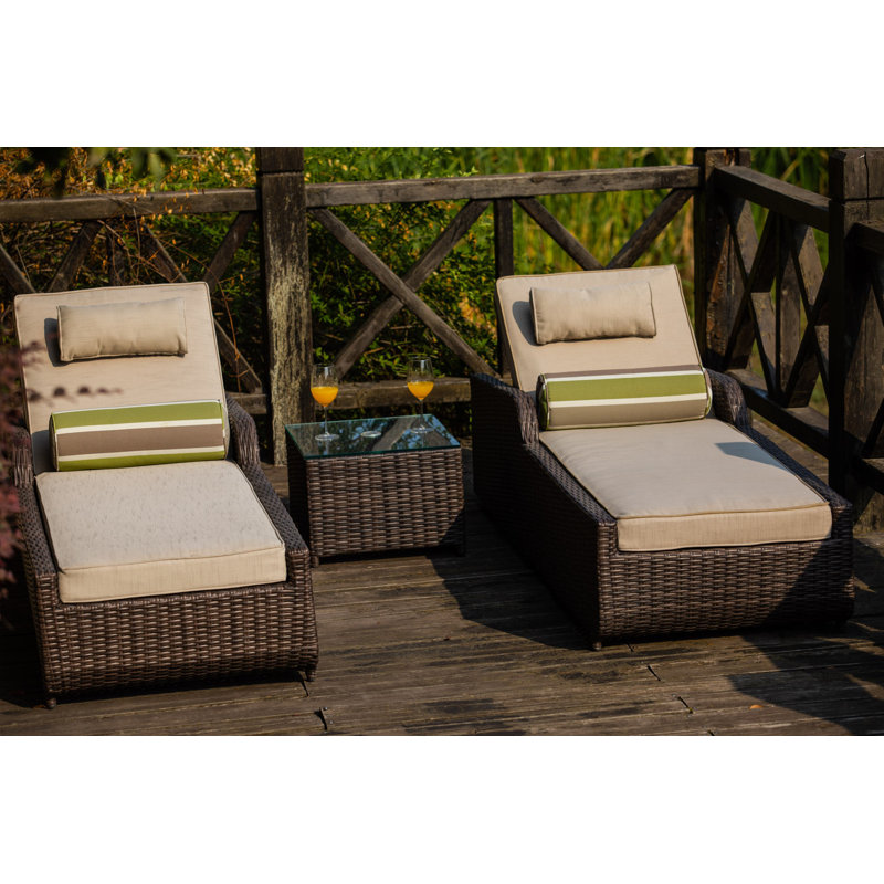Ensemble de chaises longues inclinables d'extérieur de 29,53 po de longueur avec coussins et table, Mélange de bruns