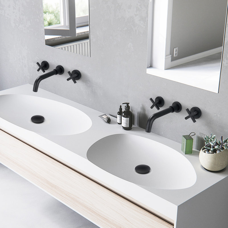Robinet de salle de bain mural à 2 poignées avec bonde, Noir mat