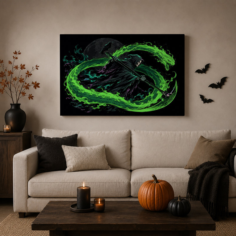 «Grim Reaper with Green Dragon and Full Moon», art mural sur toile, H 24 po x l 36 po