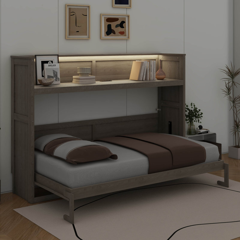 Lit escamotable mural en bois simple TG avec tablette de rangement, lumière DEL, station de charge USB