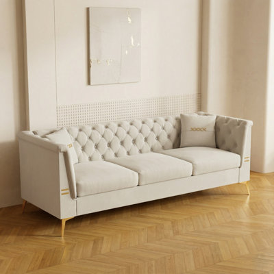 82.68" W Modern Chesterfield-Style Velvet Sofa with Button Tufting and Gold Metal Accents