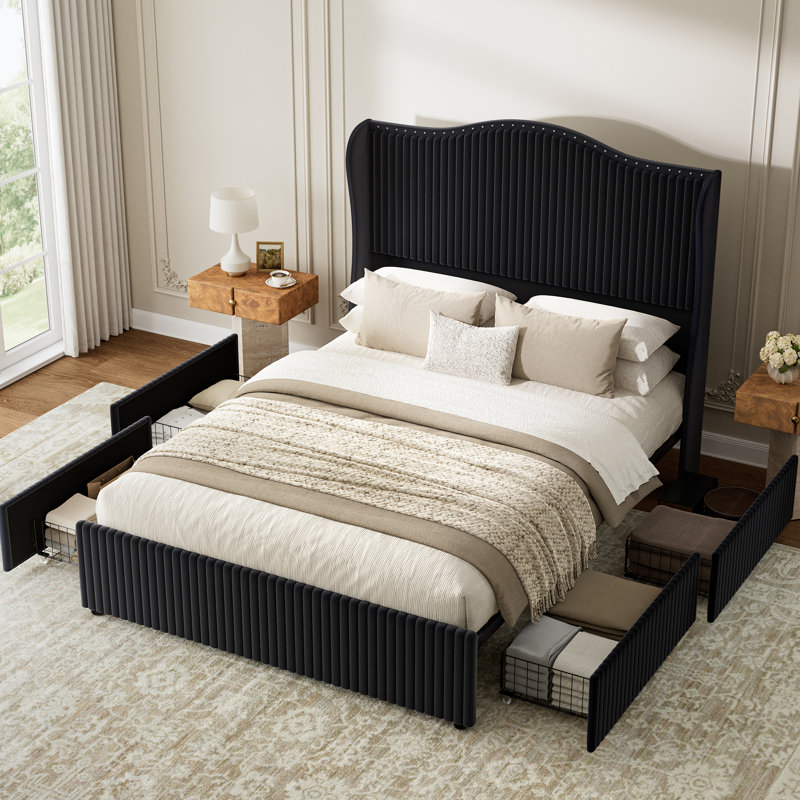 Upholstered Wingback Bed with 4 Storage Drawers & 54" Tall Headboard, No Spring Box Needed, Easy Assembly, Full, Black
