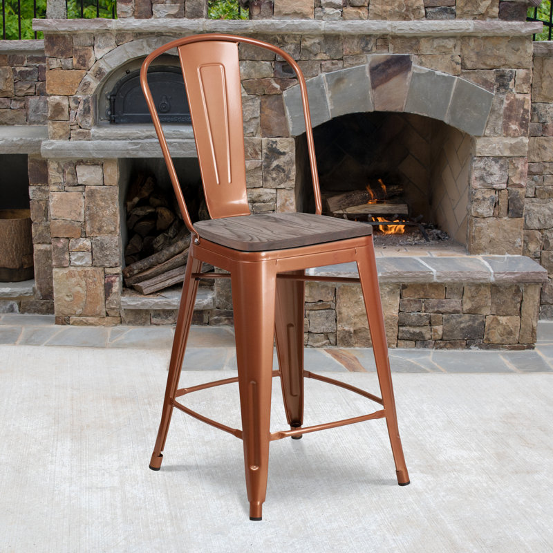Tabouret de bar ou de comptoir en métal Marian avec dossier et siège en bois Marian, Connecteurs, 1