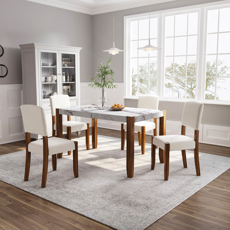 Ensemble de mobilier de salle à manger moderne 5 pièces, coin repas pour 4 personnes pour la cuisine, table de style faux marbre de 46 po et 4 chaises rembourrées avec pieds en bois d'hévéa massif