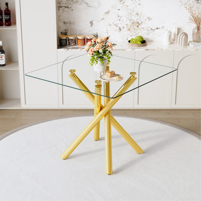 37.80" Square Modern Cross-Leg Bar Table for 4, Tempered Glass Top with Electroplated Metal Frame, Square Kitchen Table for Dining Room Home Office Small Spaces